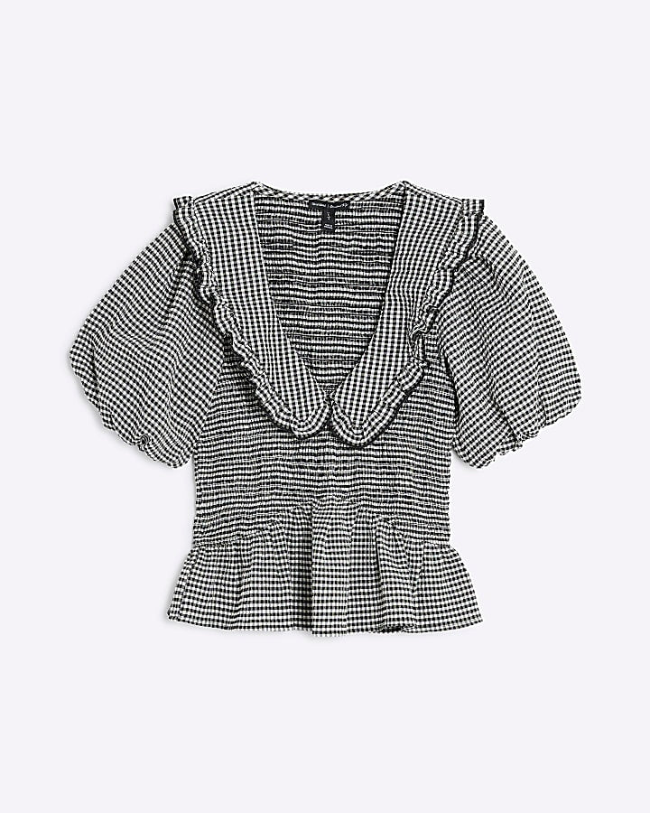 Black Gingham Short Sleeve Collared Top