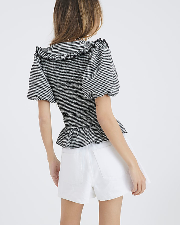Black Gingham Short Sleeve Collared Top