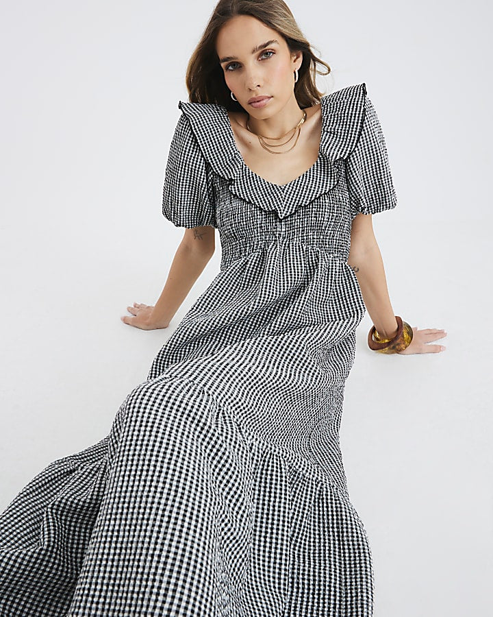Black Gingham V Neck Frill Midi Dress