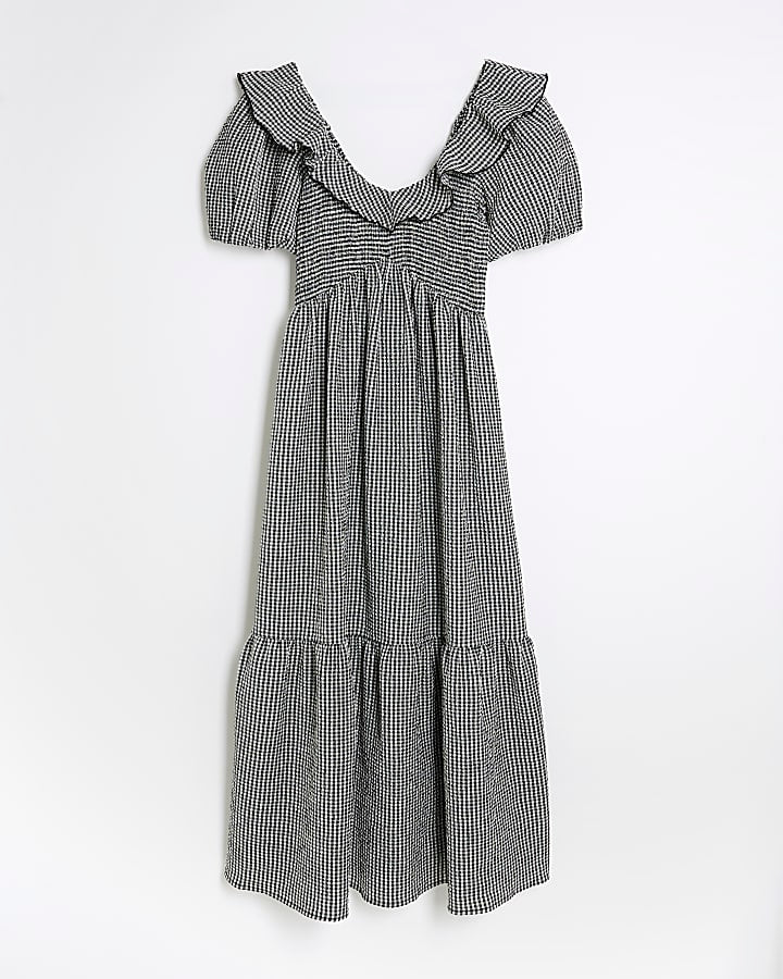Petite Black Gingham V Neck Frill Midi Dress