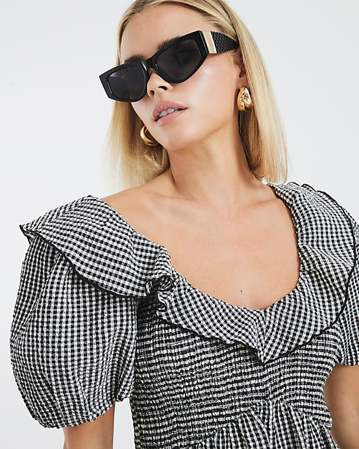 Petite Black Gingham V Neck Frill Midi Dress