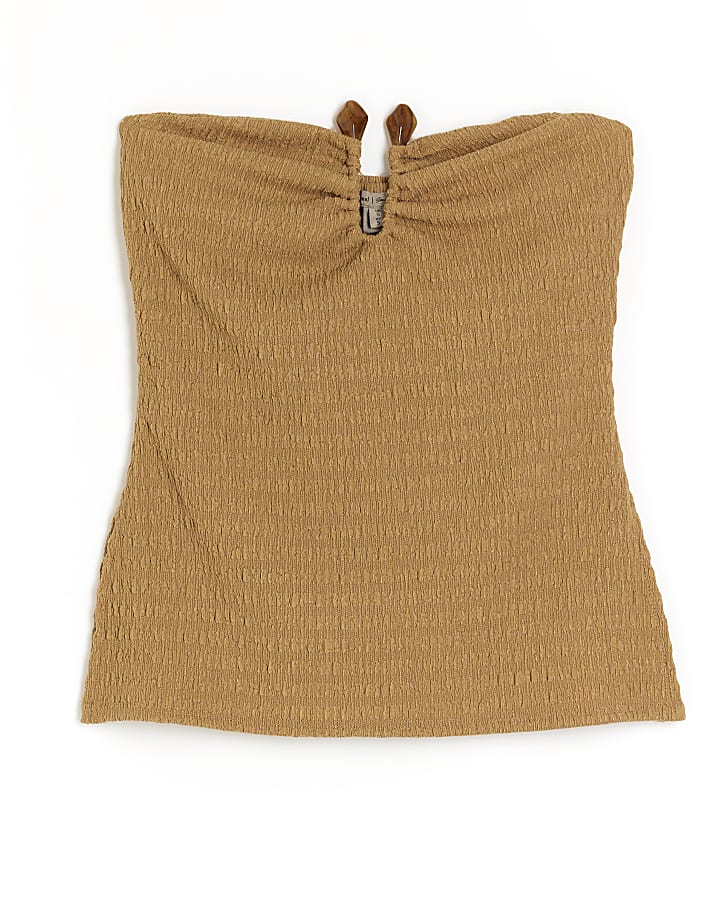 Beige Sleeveless Textured Trim Bandeau Top
