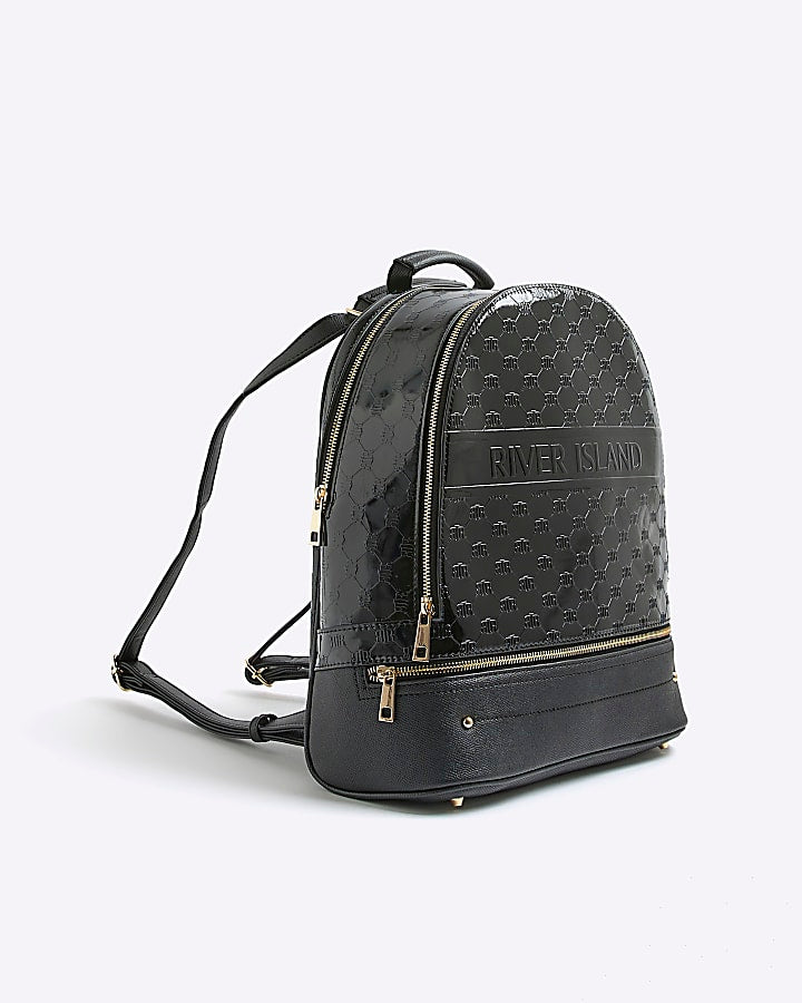 Black Patent Embossed Monogram Print Backpack