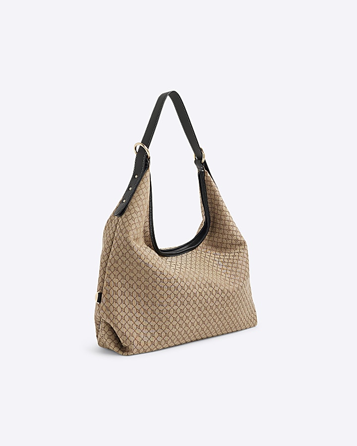 Brown Monogram Print Slouch Shoulder Bag