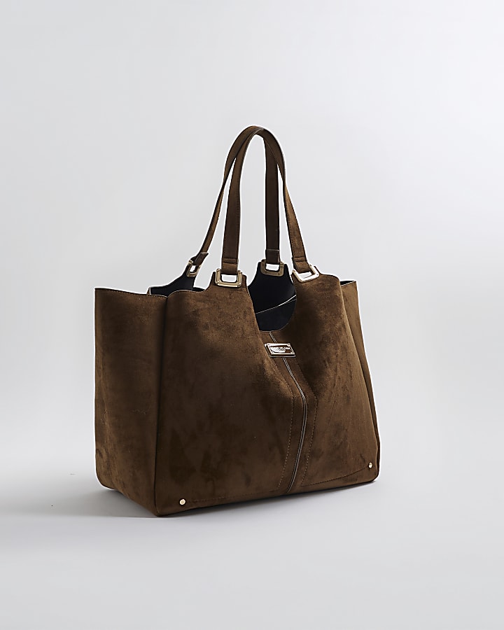 Brown Faux Suede Winged Shopper Bag