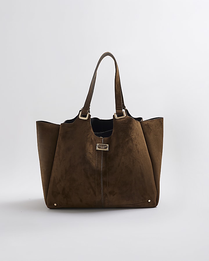 Brown Faux Suede Winged Shopper Bag