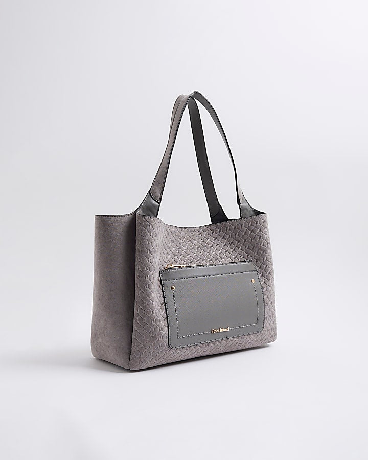 Grey Pocket Front Embossed Shopper Bag
