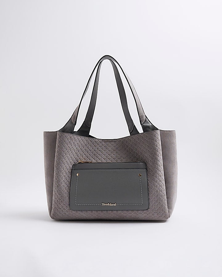 Grey Pocket Front Embossed Shopper Bag