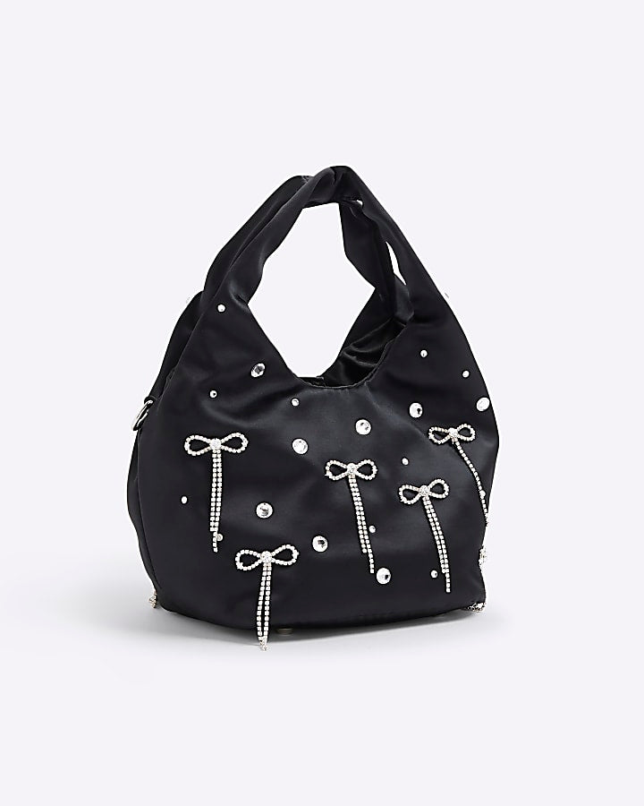Black Satin Diamante Bow Grab Bag
