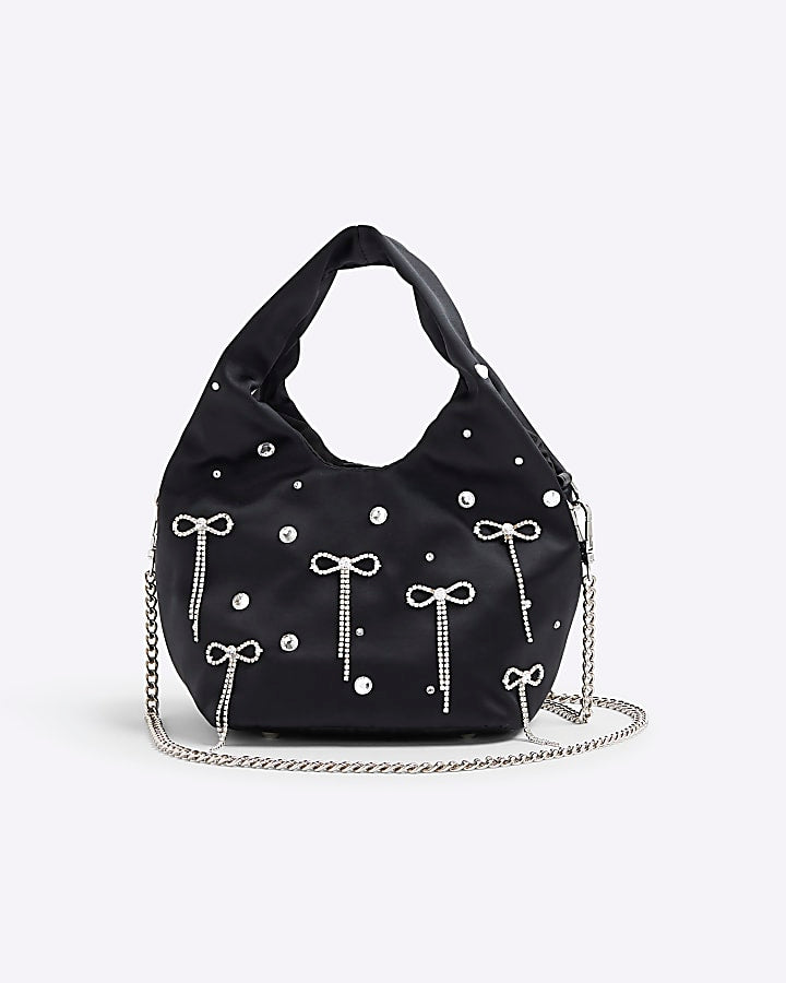 Black Satin Diamante Bow Grab Bag