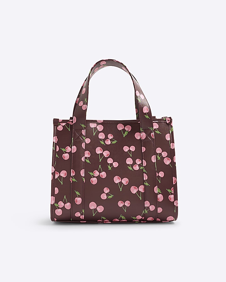 Red Cherry Print Embroidered Tote Bag