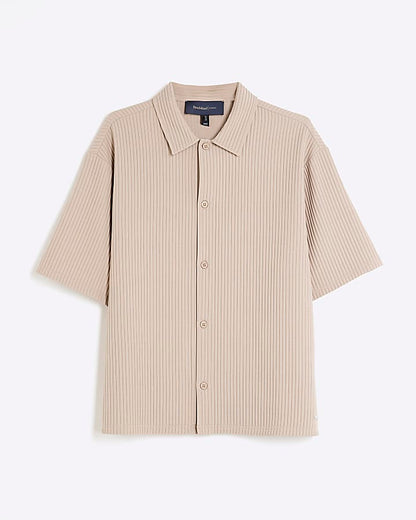 Beige Boxy Fit Chunky Plisse Revere Shirt