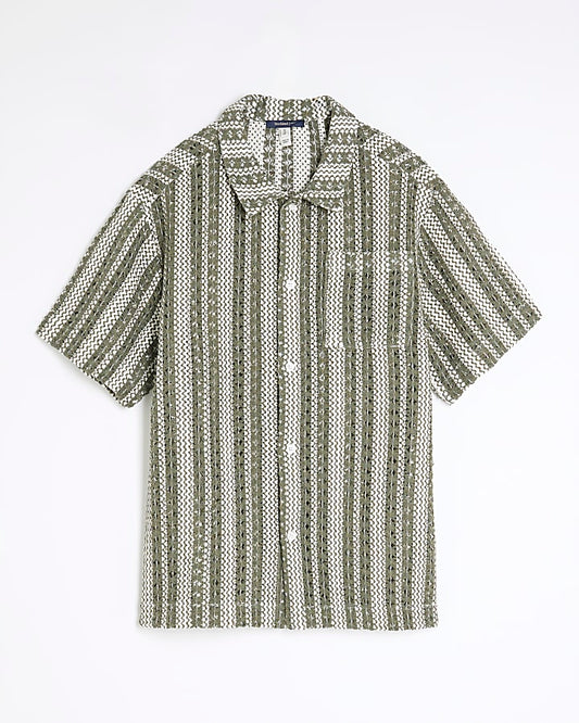 Khaki Regular Fit Striped Crochet Shirt