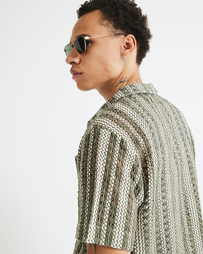 Khaki Regular Fit Striped Crochet Shirt