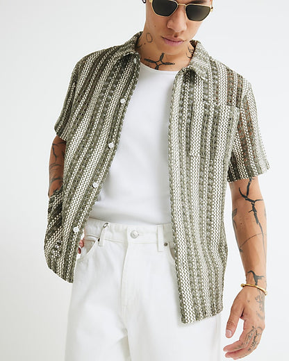 Khaki Regular Fit Striped Crochet Shirt