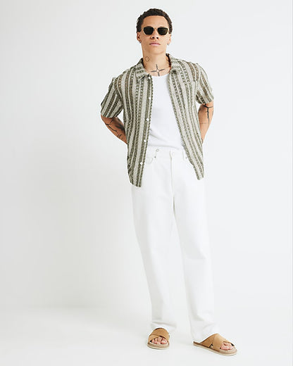 Khaki Regular Fit Striped Crochet Shirt