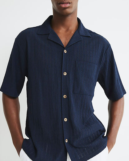 Navy Regular Fit Grid Textured Revere Shirt
