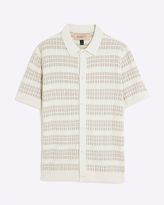 Cream Slim Fit Knitted Stripe Shirt