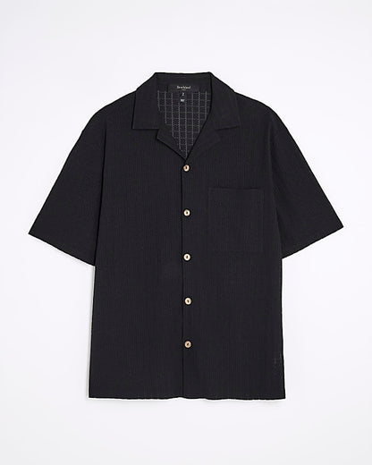 Black Regular Fit Grid Textured Revere Shirt