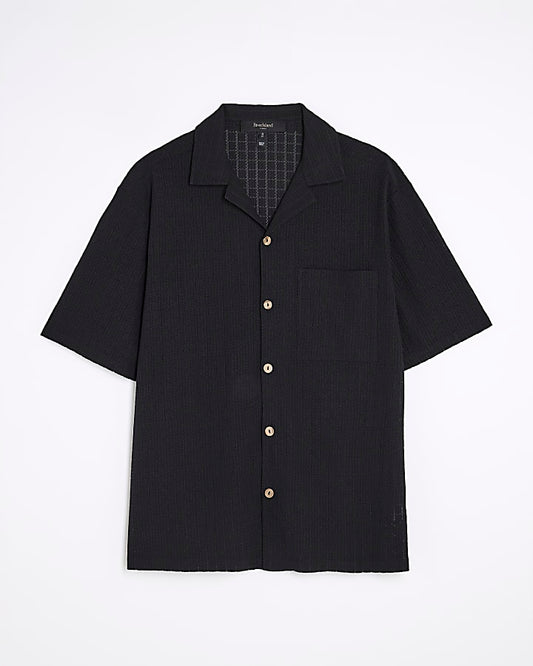 Black Regular Fit Grid Textured Revere Shirt