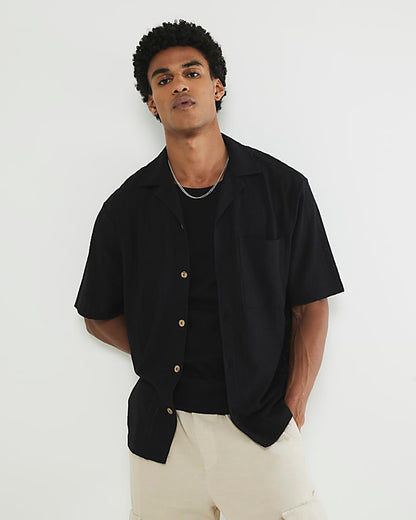 Black Regular Fit Grid Textured Revere Shirt
