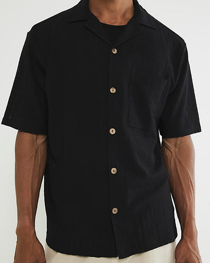 Black Regular Fit Grid Textured Revere Shirt