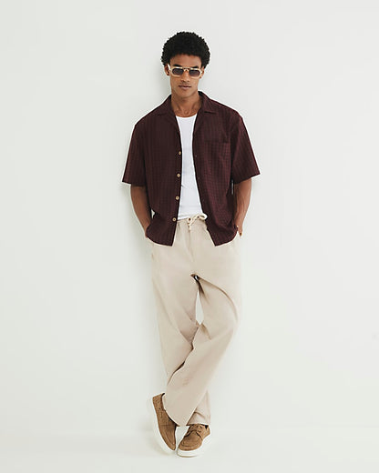 Red Regular Fit Grid Textured Revere Shirt