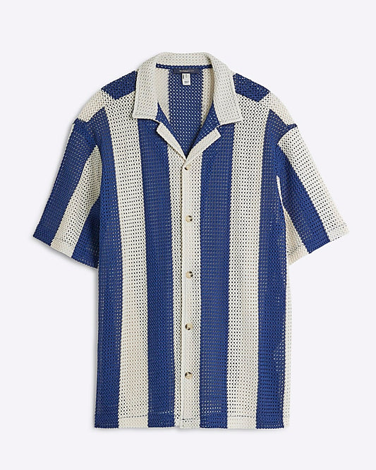 Blue Regular Fit Stripe Crochet Shirt