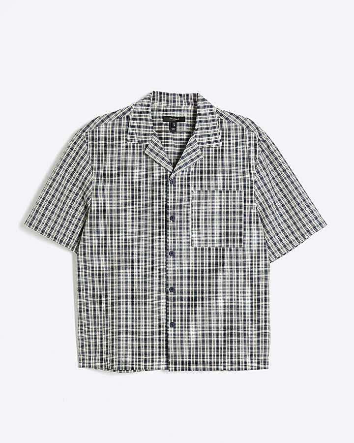 Blue Boxy Fit Check Seersucker Shirt