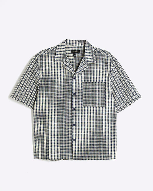 Blue Boxy Fit Check Seersucker Shirt