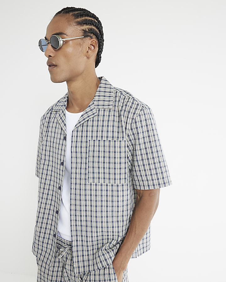 Blue Boxy Fit Check Seersucker Shirt