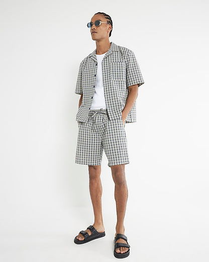 Blue Boxy Fit Check Seersucker Shirt