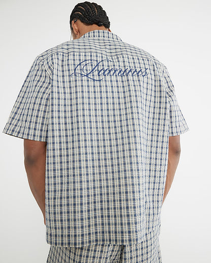 Blue Boxy Fit Check Seersucker Shirt