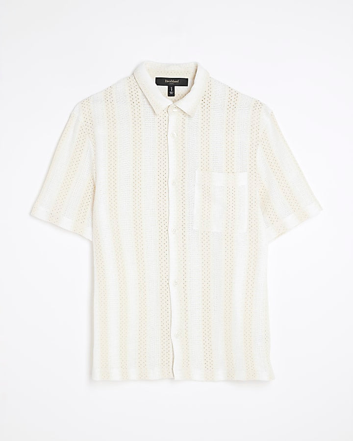 Cream Regular Fit Stripe Crochet Shirt
