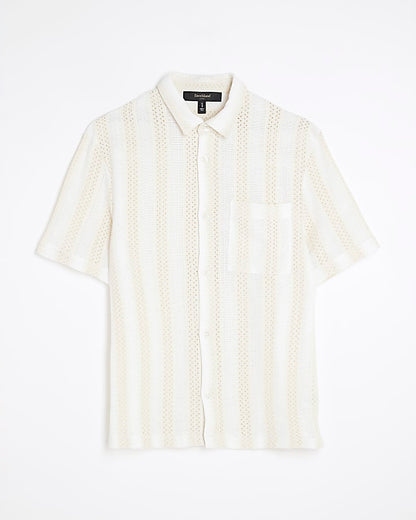 Cream Regular Fit Stripe Crochet Shirt