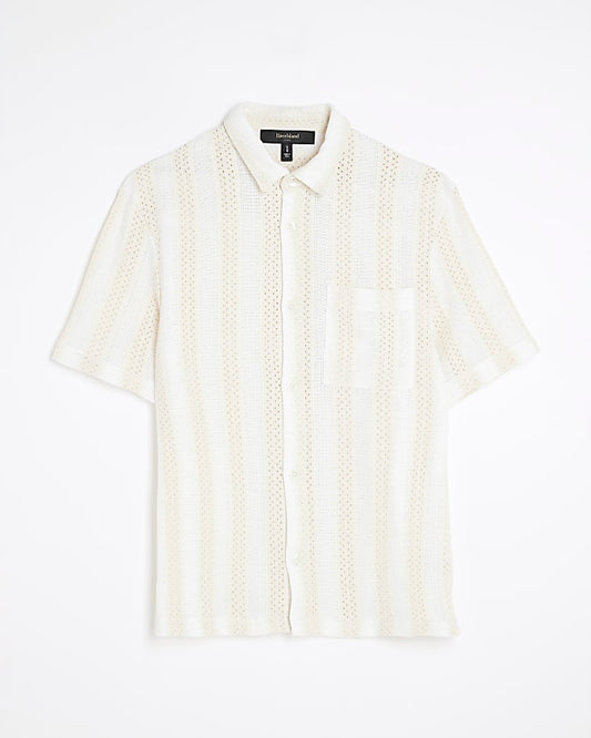 Cream Regular Fit Stripe Crochet Shirt