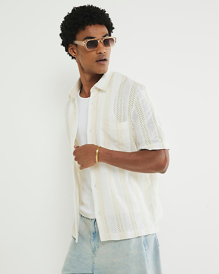Cream Regular Fit Stripe Crochet Shirt