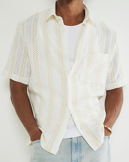 Cream Regular Fit Stripe Crochet Shirt