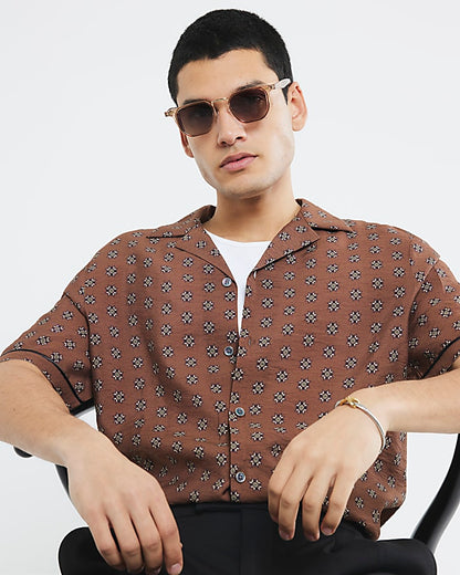 Brown Short Sleeve Geometric Shirt