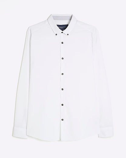 White Long Sleeve Textured Muscle Fit Shirt