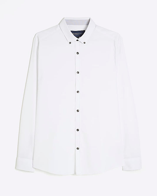 White Long Sleeve Textured Muscle Fit Shirt
