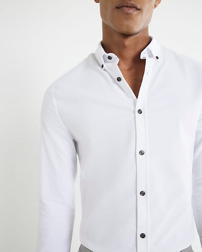 White Long Sleeve Textured Muscle Fit Shirt