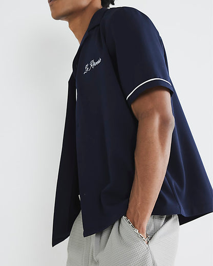 Navy Short Sleeve Embroidered Shirt