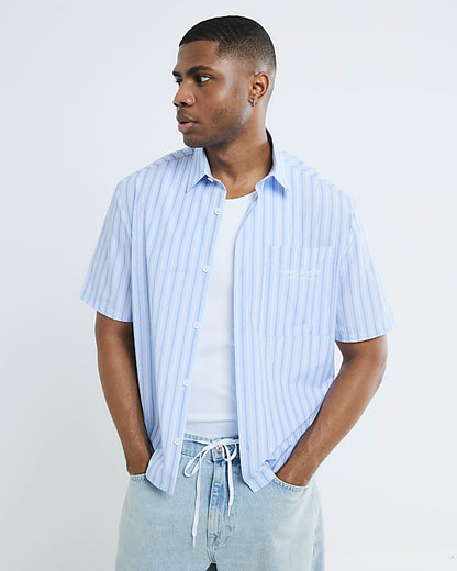 Blue Boxy Fit Short Sleeve Stripe Shirt