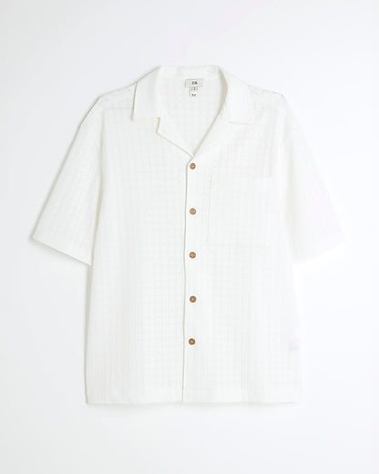 White Short Sleeve Grid Textured Shirt