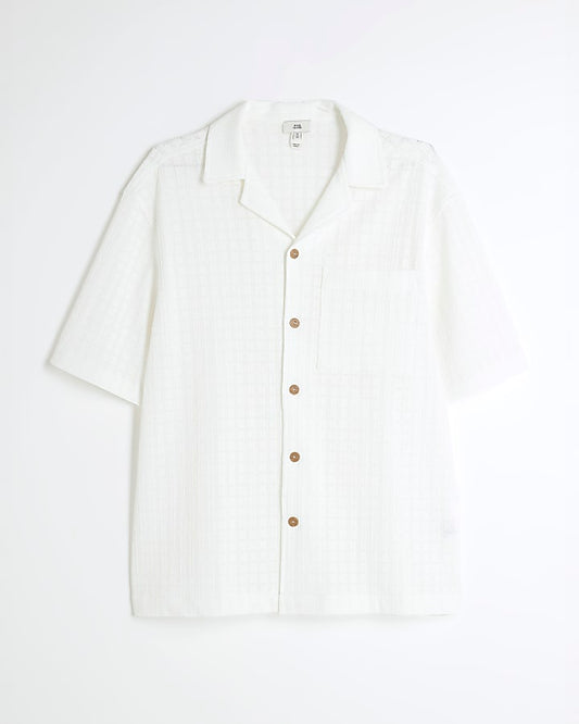 White Short Sleeve Grid Textured Shirt