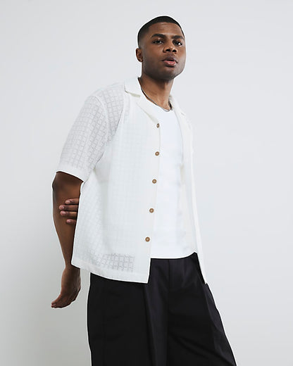 White Short Sleeve Grid Textured Shirt