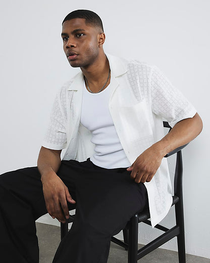 White Short Sleeve Grid Textured Shirt