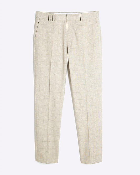 Beige Check Slim Suit Trousers