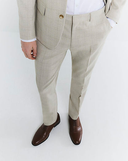 Beige Check Slim Suit Trousers